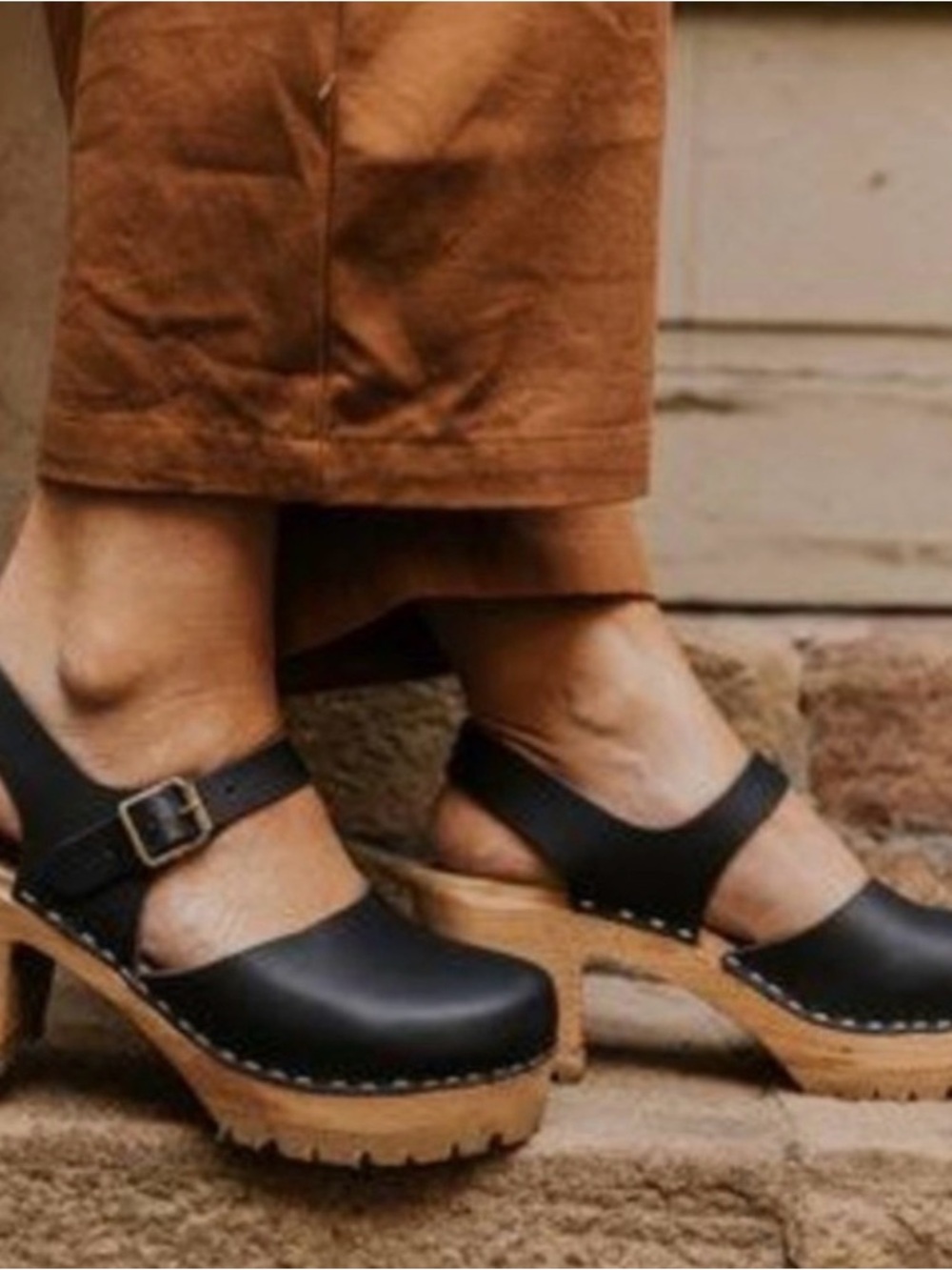 MIA ABBA Black Leather Platform Wood Clogs